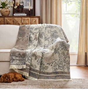jinchan Boho Floral 100% Cotton Blanket 4-Layer Throw Blanket with Tassel Grey